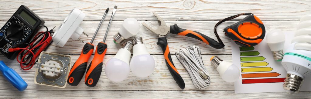 Concept of electrician or electrical tools, top view